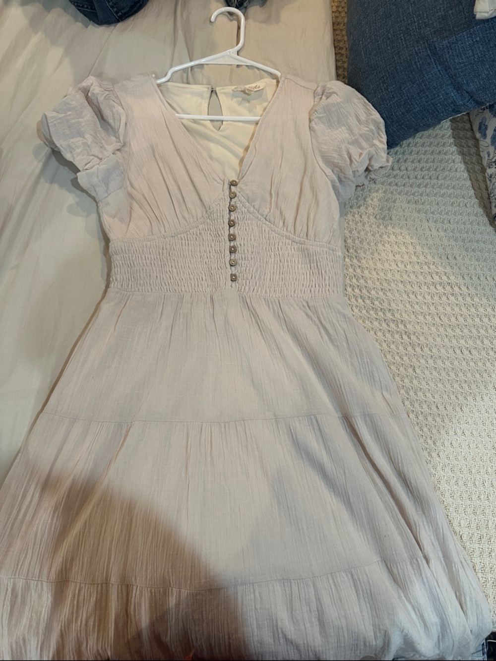 Girls Puff Sleeve Smocked Waist Dress in cream